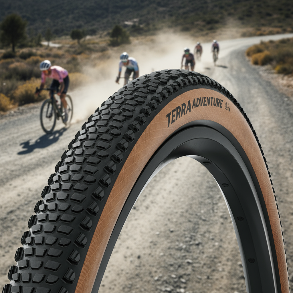 Bicycle tire with 'Terra Adventure' branding on a white background