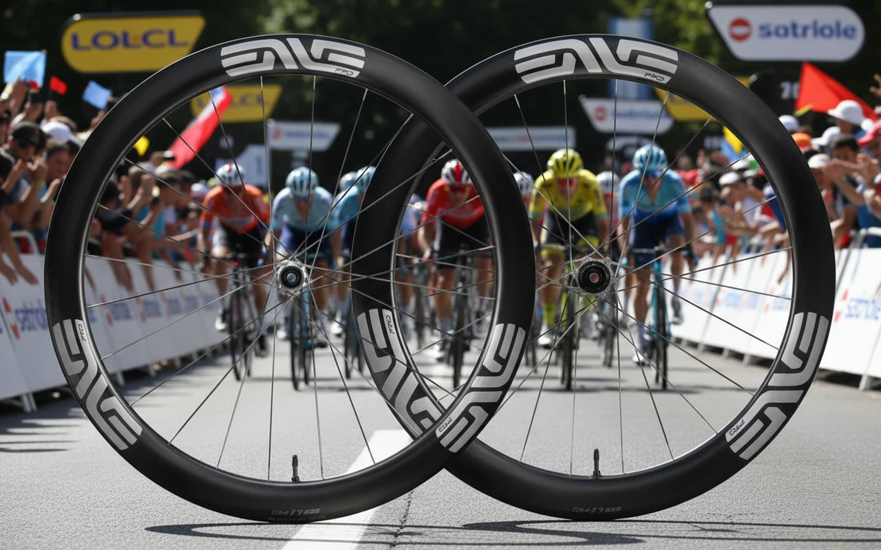 Two bicycle wheels with ENVE branding on a white background