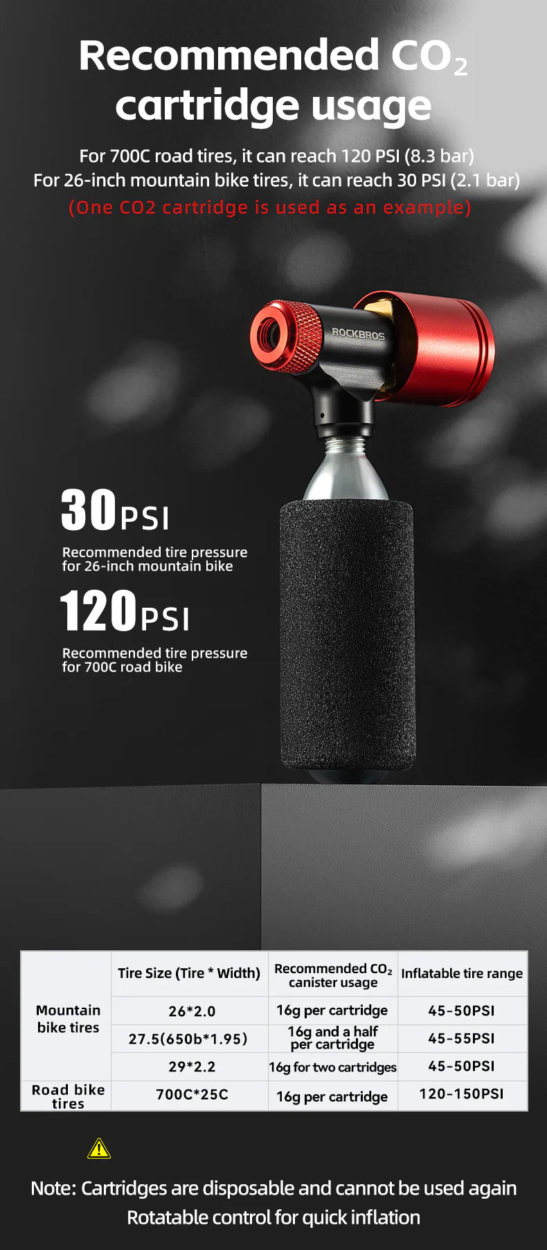 ROCKBROS Bicycle CO2 Pump Head With Gauge Compact MTB Bike Tire Inflation Head