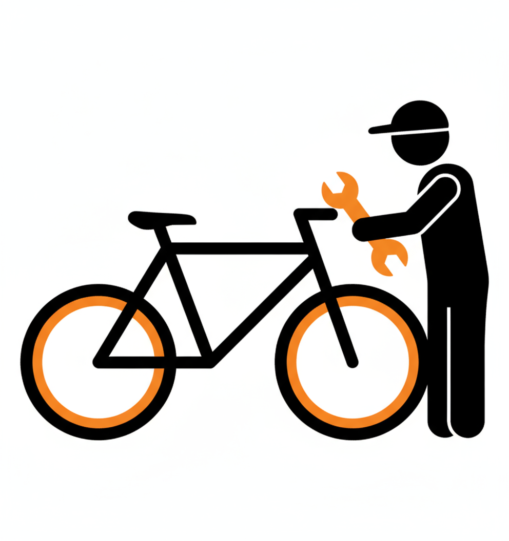 A graphic icon representing bicycle repair service, showing a person with a wrench and a bicycle with orange wheels.