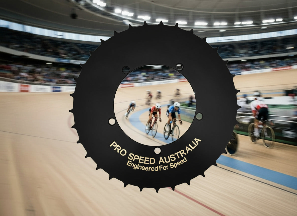 Pro Speed Australia chainring with a track cycling event in the background