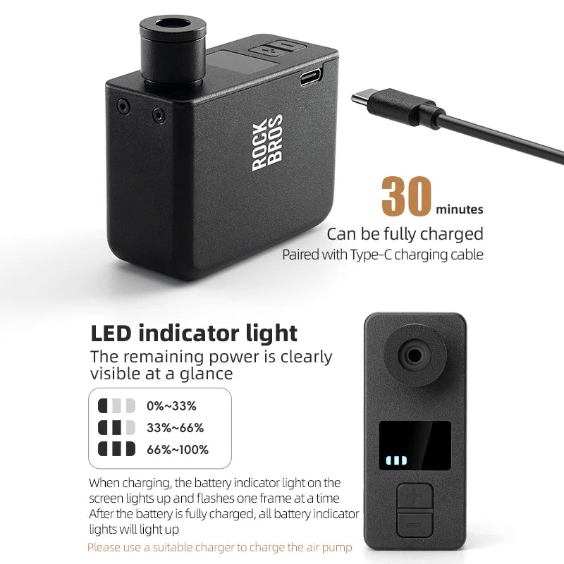 ROCKBROS AS1 PRO Portable Mini Electric Bike Pump - 120PSI with LED Screen