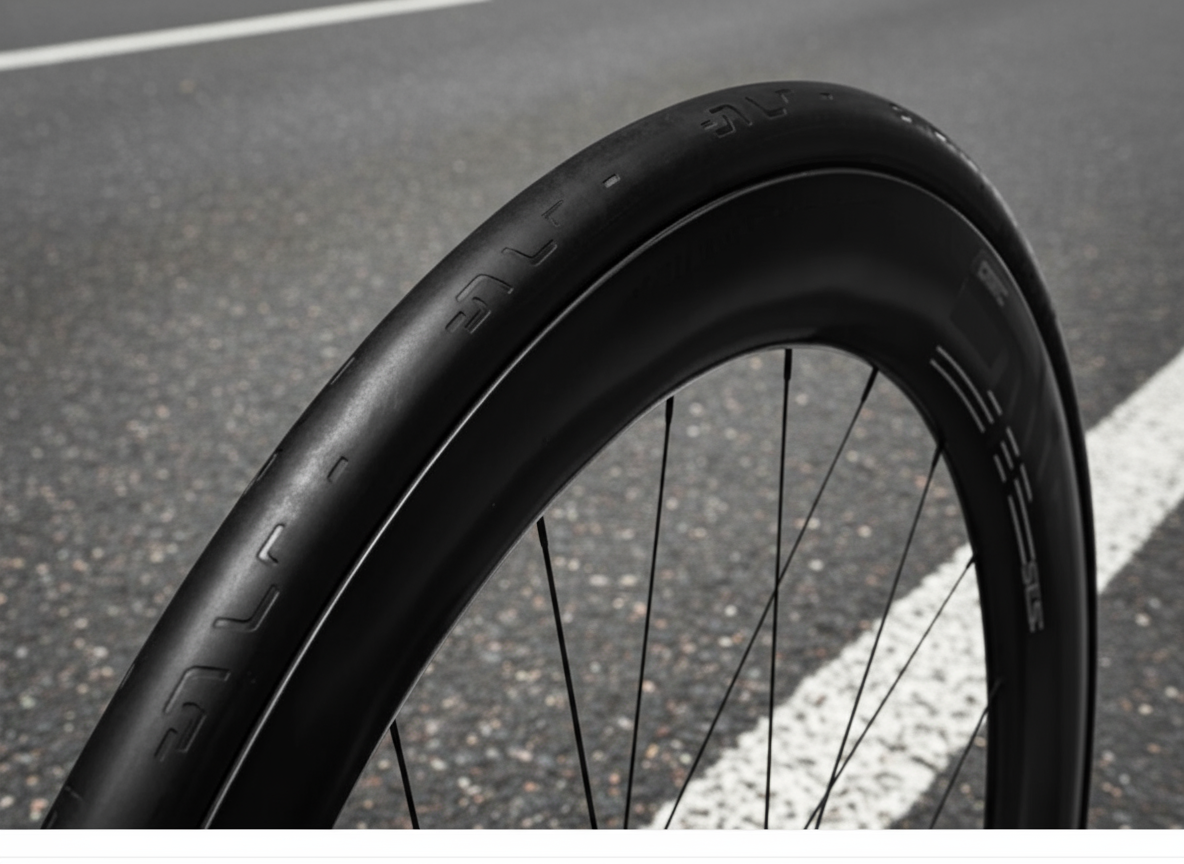 Close-up of a black bicycle tire with visible tread pattern on a white background