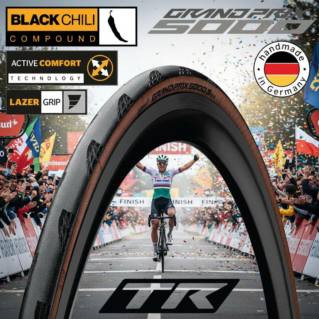 Bicycle tire with Black Chili Compound, Grand Prix 50100 branding, and TR logo on a white background.