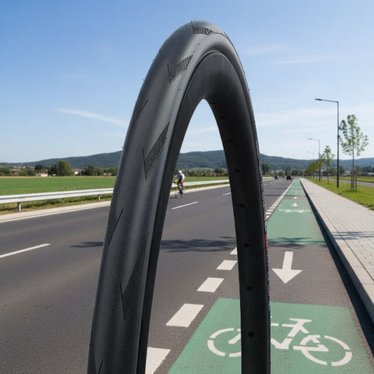 Black bicycle tire on a white background