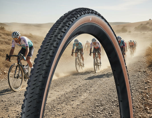 Bicycle tire with brown sidewall on a white background