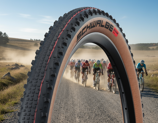 Schwalbe bike tire with brown sidewall on a white background