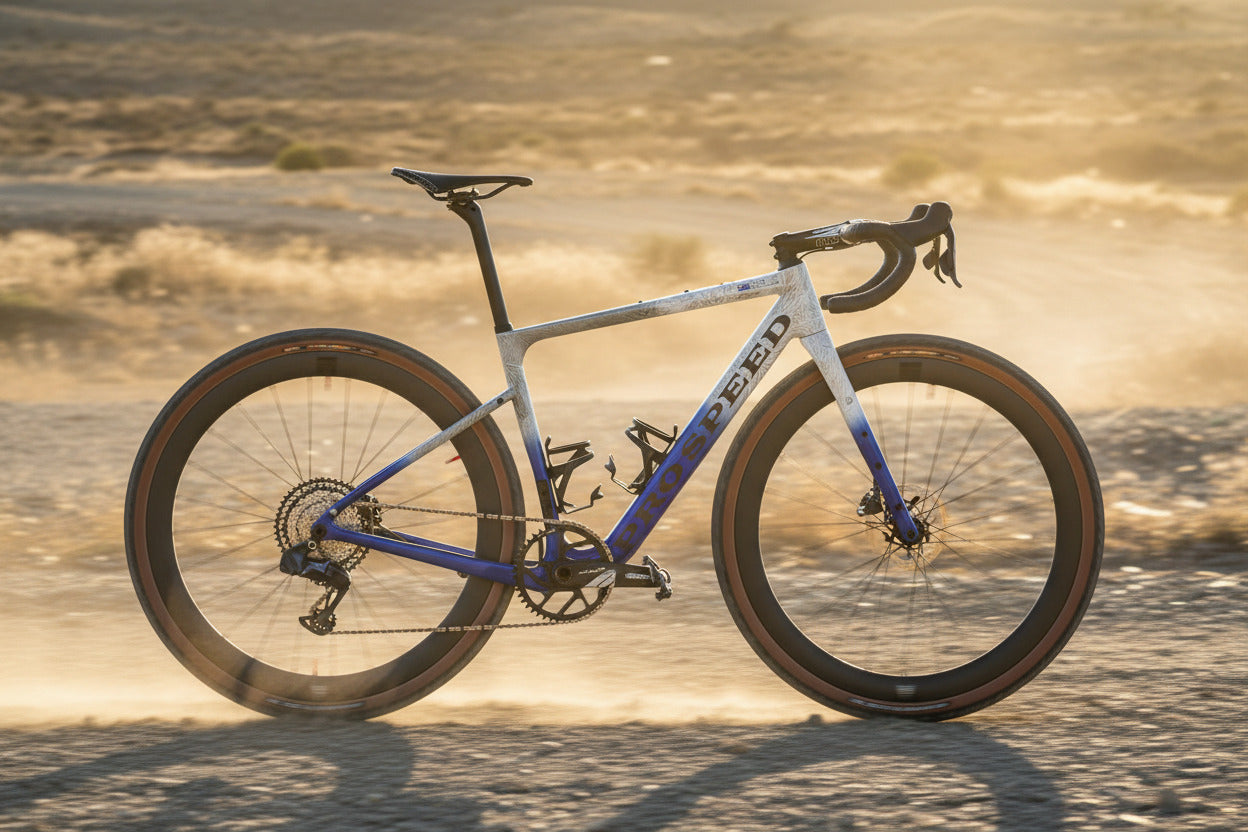 Cyclocross bicycle with blue frame and orange tires on a black background