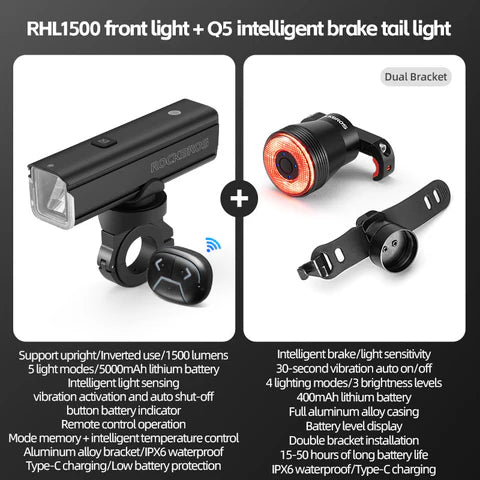 ROCKBROS RHL1500 Lumens Headlight & Smart Taillight Set