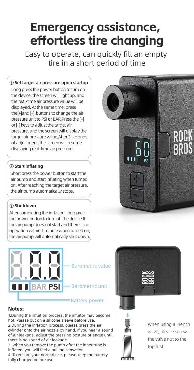ROCKBROS AS1 PRO Portable Mini Electric Bike Pump - 120PSI with LED Screen