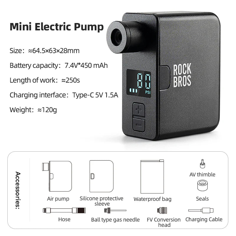 ROCKBROS AS1 PRO Portable Mini Electric Bike Pump - 120PSI with LED Screen