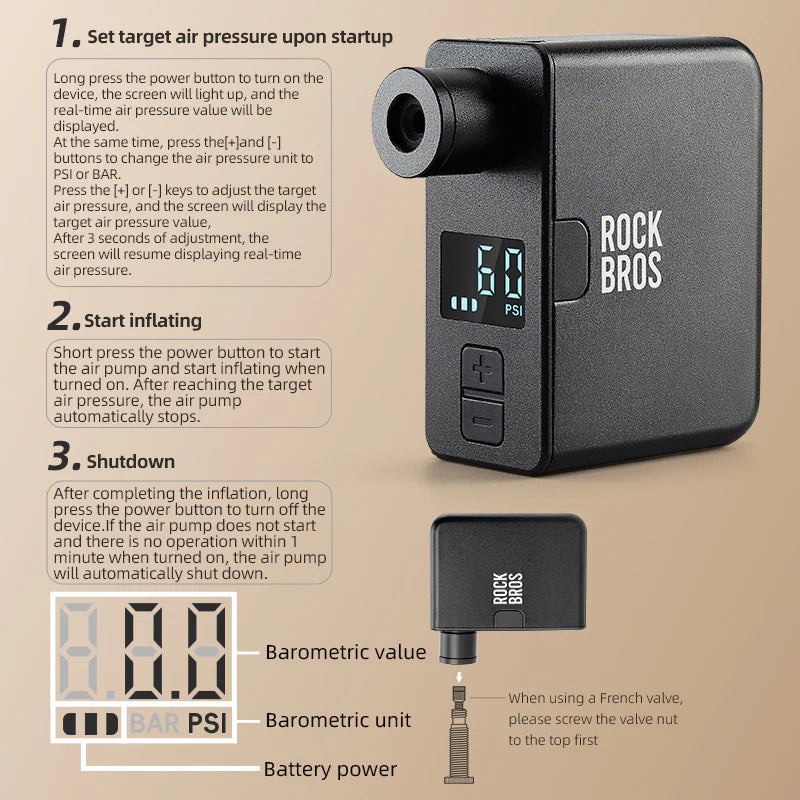 ROCKBROS AS1 PRO Portable Mini Electric Bike Pump - 120PSI with LED Screen