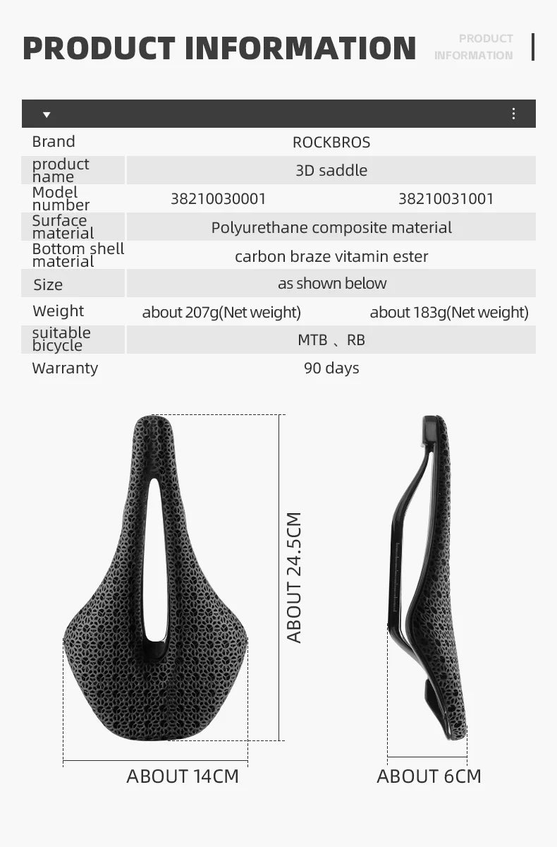 ROCKBROS Ultralight Carbon Fiber Road Racing Saddle - 3D Printed Hollow & Shockproof Design