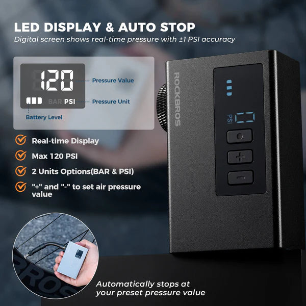 AS240 Portable Electric Air Pump 120PSI with LED Indicator Presta/Schrader Valve